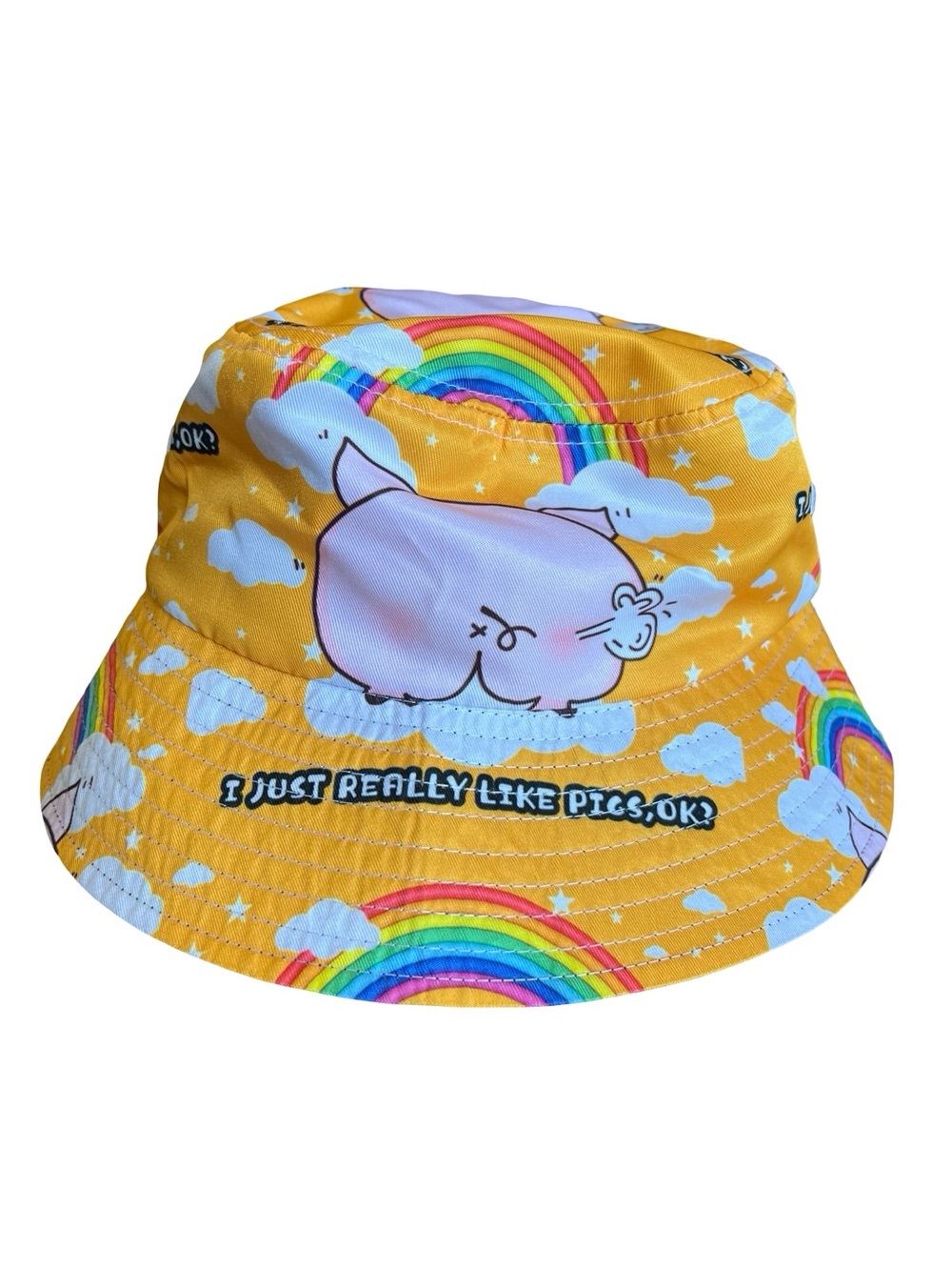 Funny Farting Pig & Rainbows Yellow Kitschy Bucket Hat “I Just Really Like Pigs” - Picture 5 of 6